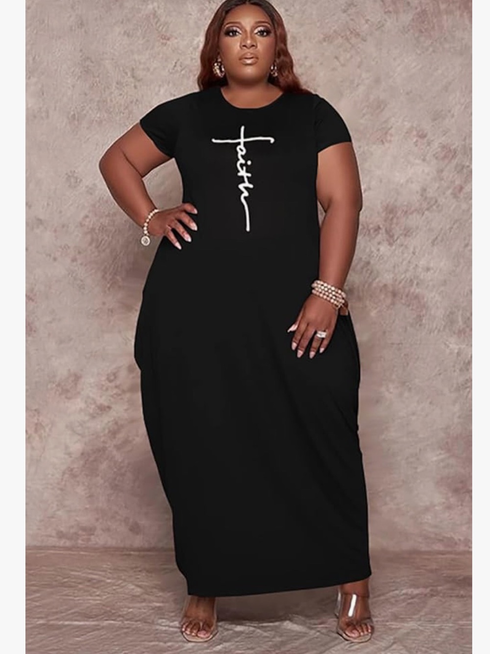 Plus Size Black Maxi Dress with Yellow Faith Script- Pockets
